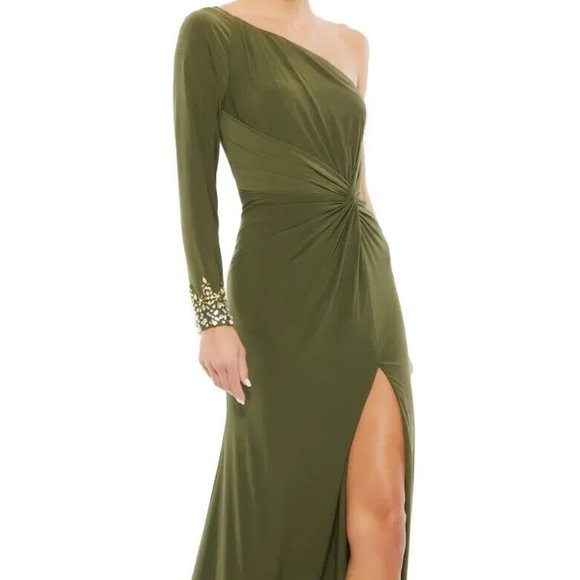 Mac Duggal Olive Green One-Shoulder Long Sleeve Side Slit Jersey Gown